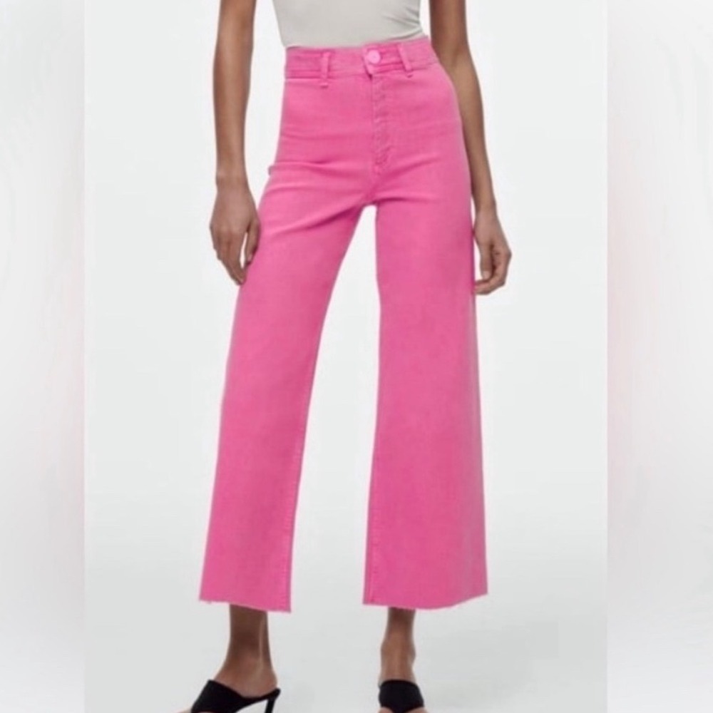 Zara Marine High Waisted Wide Leg Pink Denim Jeans‎ Raw Hem Size 8 EUR 40